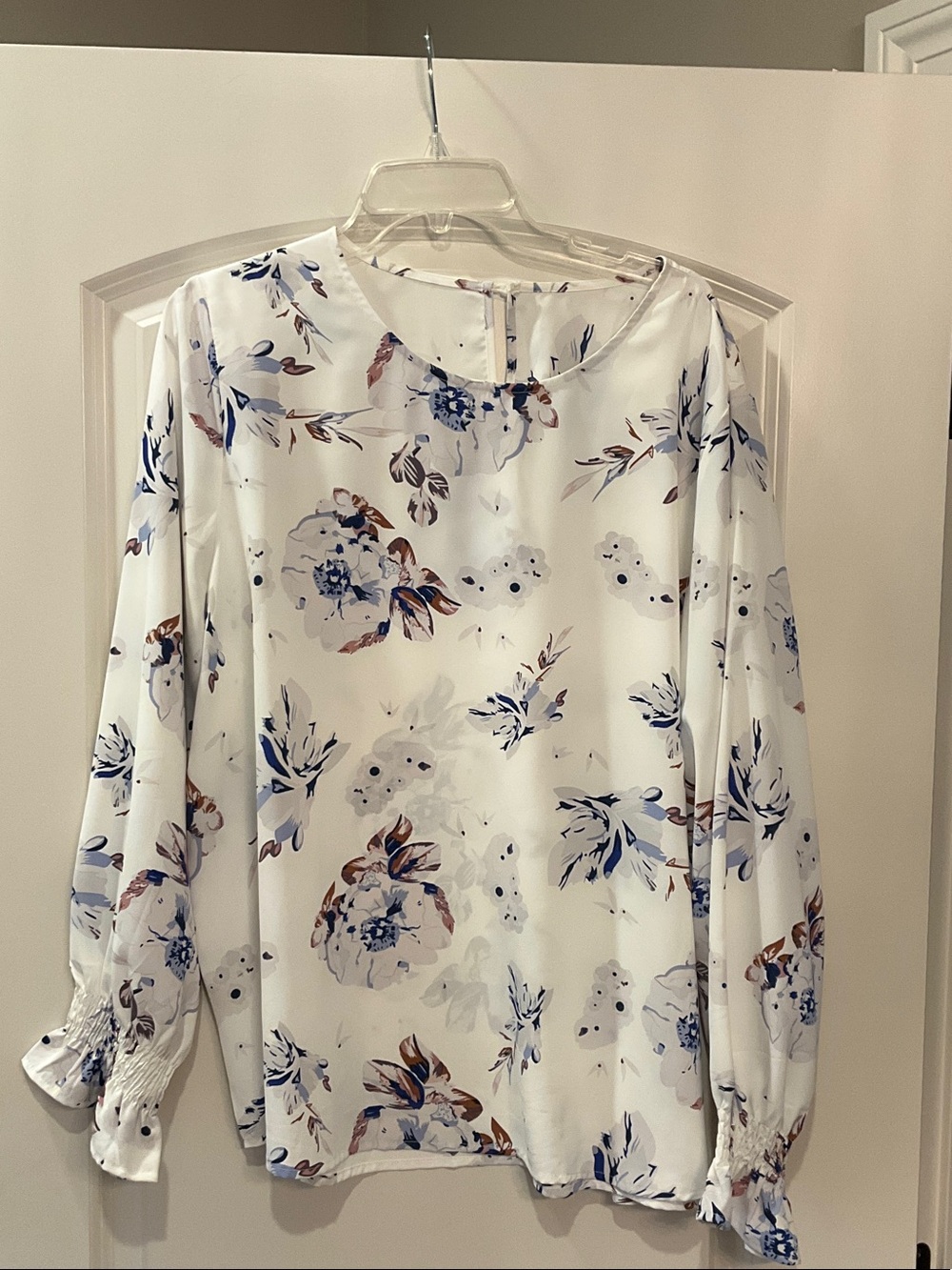 Floral Print Long-Sleeve Blouse in White with Blue and Brown Accents